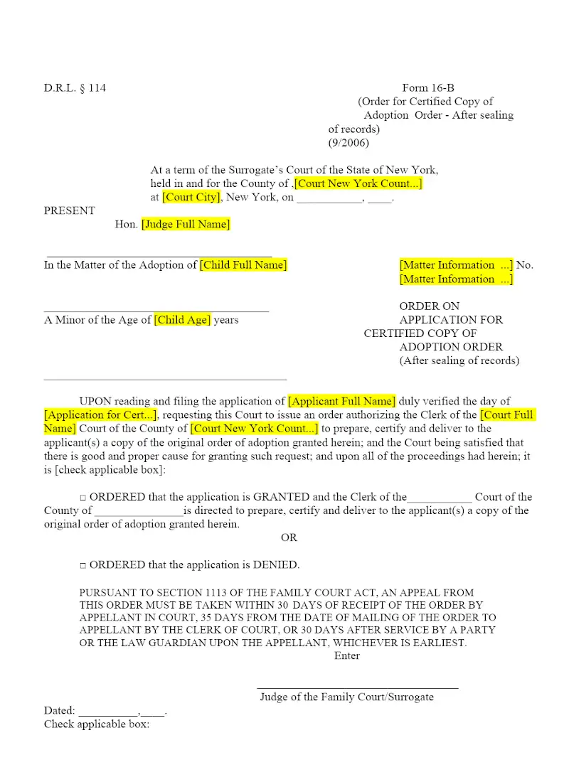 Order For Certified Copy of Adoption Order (After sealing of records) (16-B)