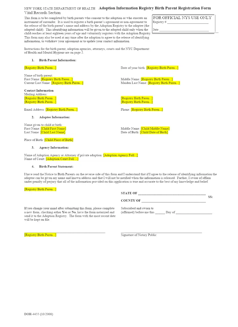 Adoption Information Registry Birth Parent Registration Form (DOH-4455)
