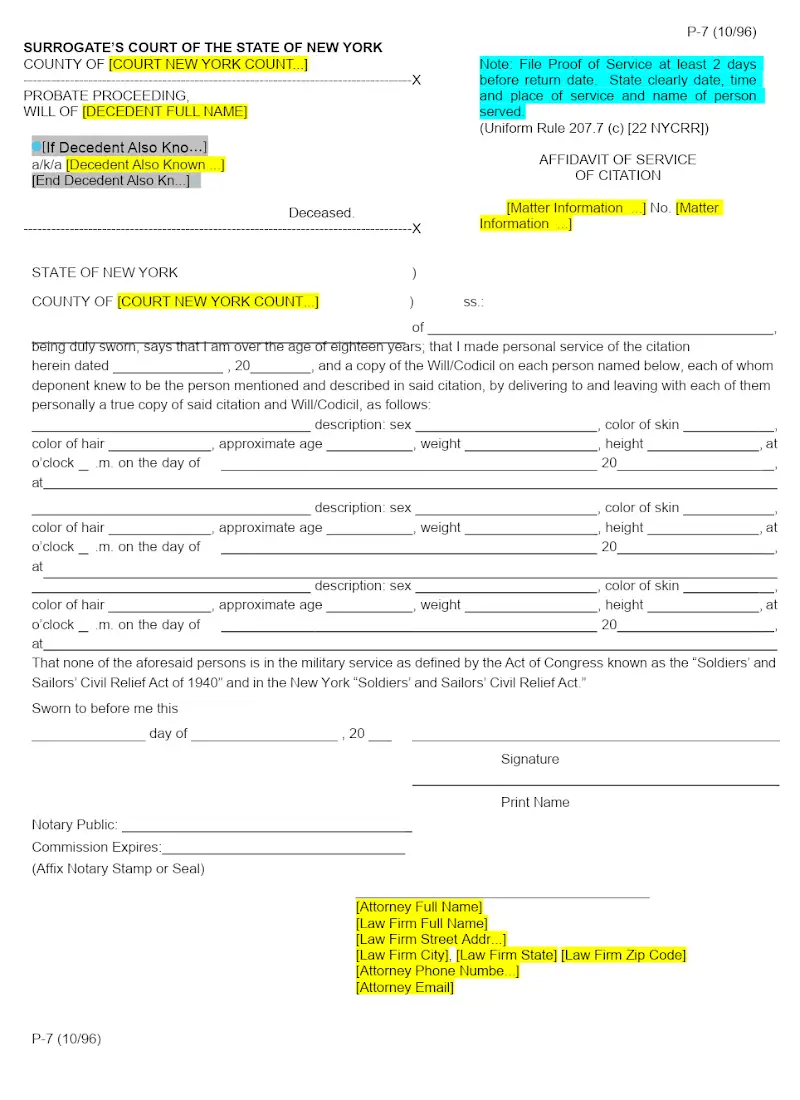 Affidavit of Service of Citation (Form P-7)