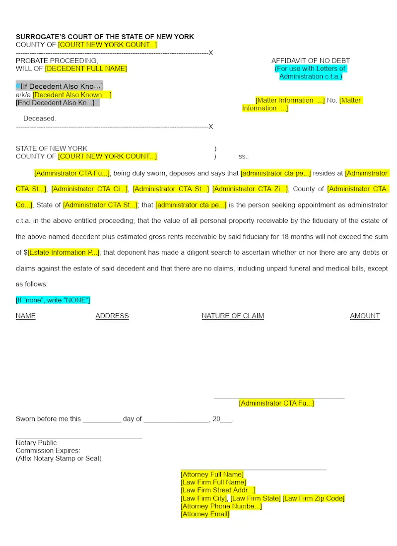 Affidavit of No Debt (Form P-12)