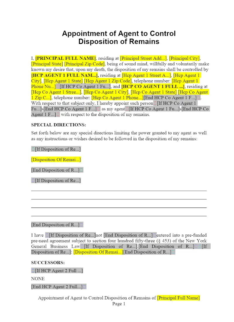 Appointment of Agent to Control Disposition of Remains
