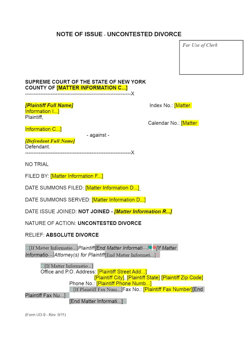 Note of Issue (UD-9)