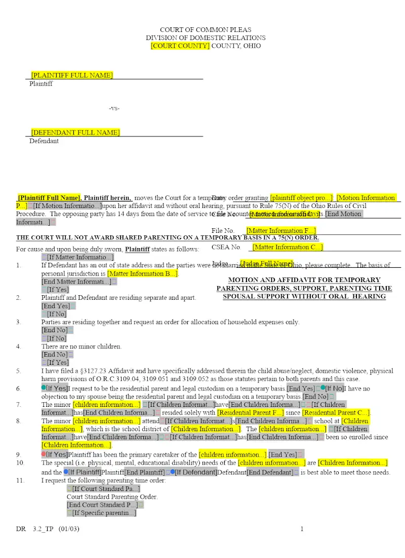 Motion and Affidavit for Temporary Parenting Orders (DR 3.2)