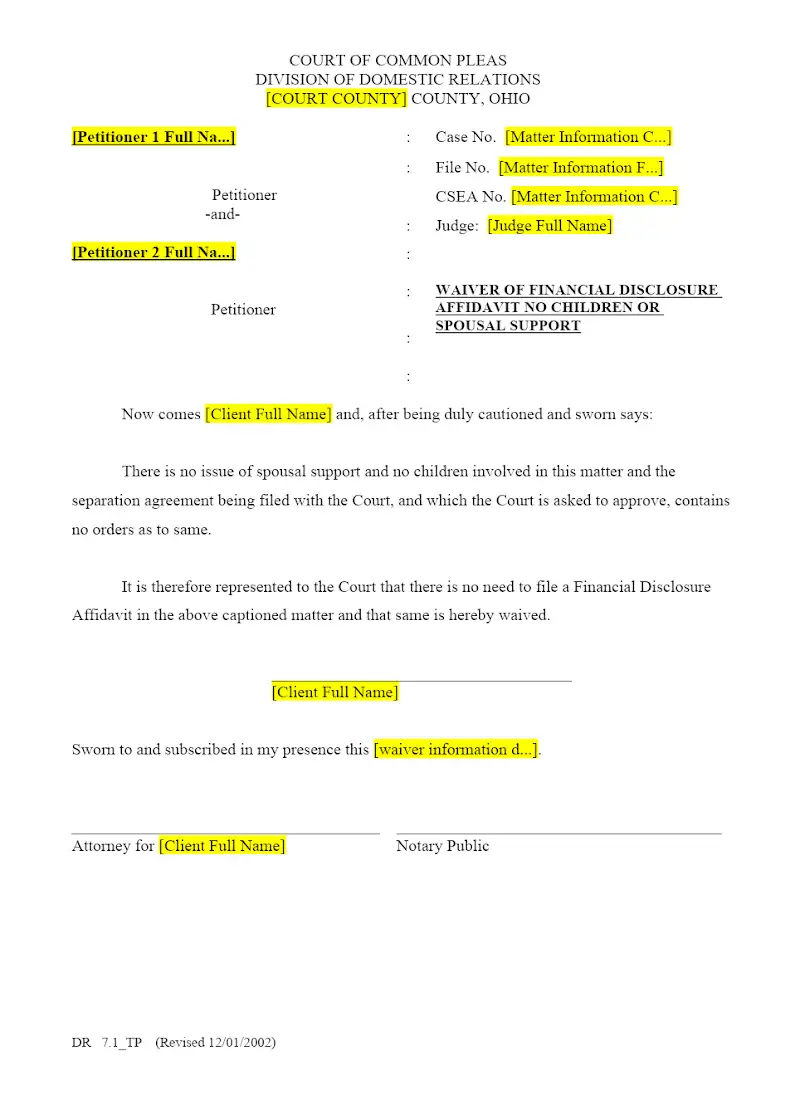 Waiver of Financial Disclosure (DR 7.1)
