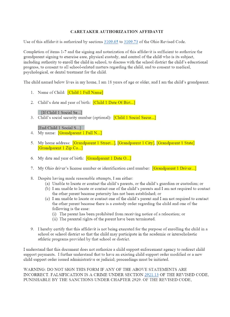 Caretaker Authorization Affidavit