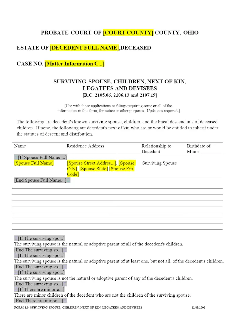 List of Heirs and beneficiaries (Form 1.0)