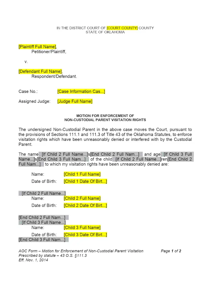 Motion for Enforcement of Non-Custodial Parent Visitation Rights