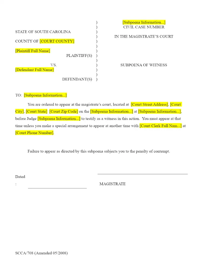 Subpoena (SCCA 708)