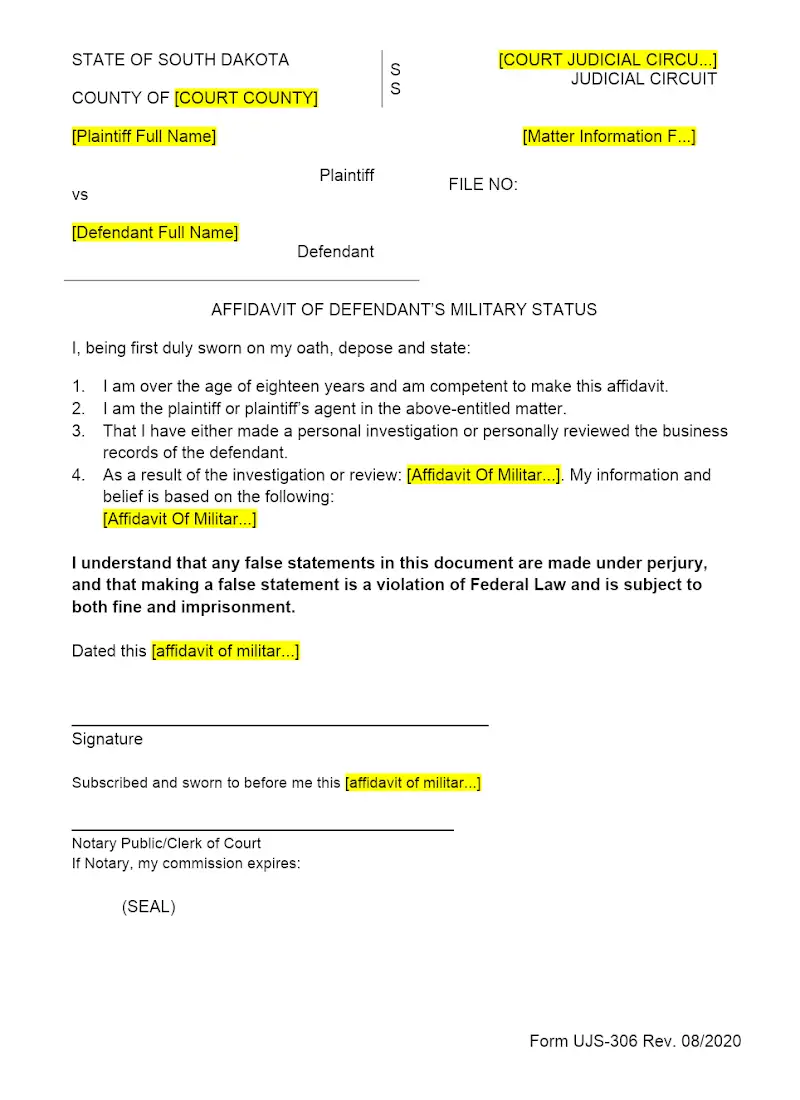 Affidavit of Defendant's Military Status (UJS 306)