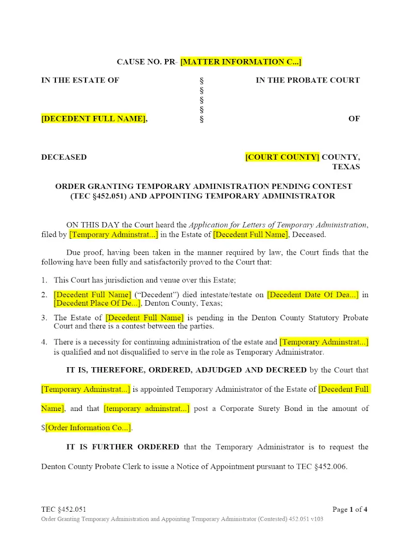 Order Granting Temporary Admin Pending Contest (TEC 451.051)