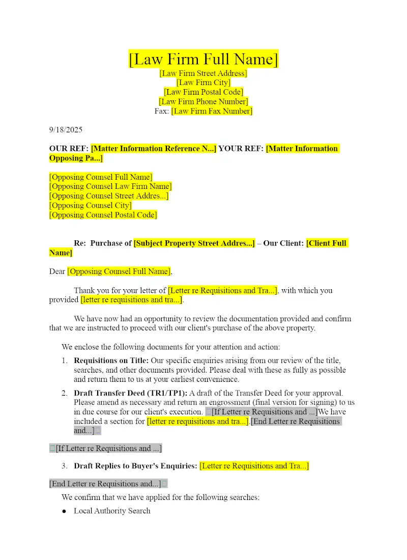 Letter to Seller Solicitor Enclosing Requisitions and Transfer