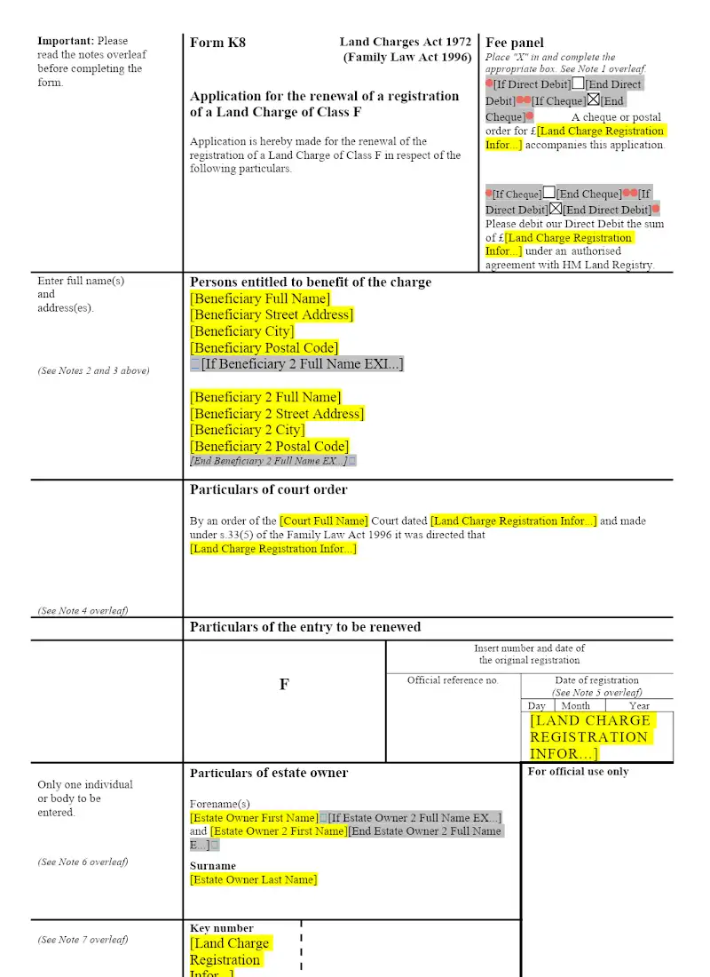 Application for the renewal of a registration of a Land Charge of Class F (Form K8)