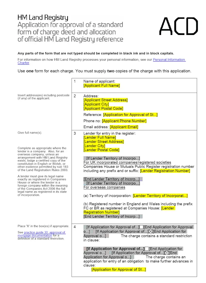Application for approval of a standard form of charge deed and allocation of official HM Land Registry reference (Form ACD)