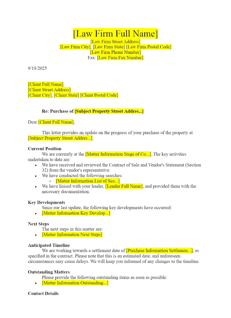 Client Status Update Letter (Conveyancing)