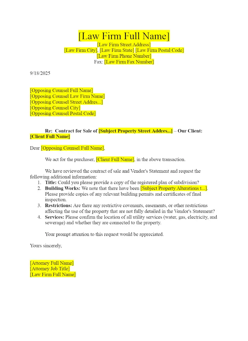 Letter Requesting Information from Seller