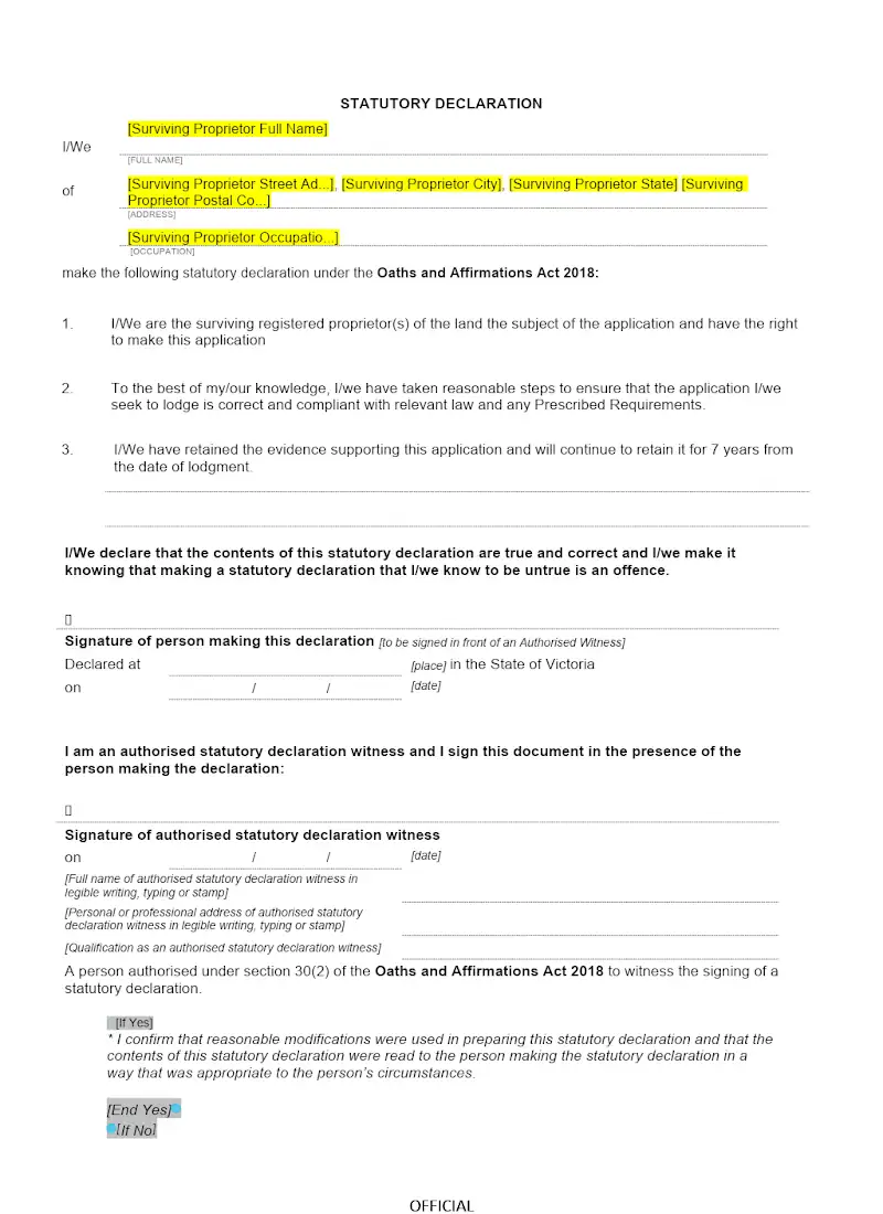 Statutory Declaration of Non-Represented Party (ASP)
