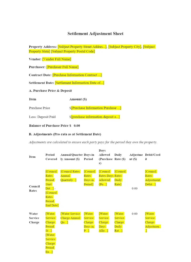 Settlement Adjustment Sheet