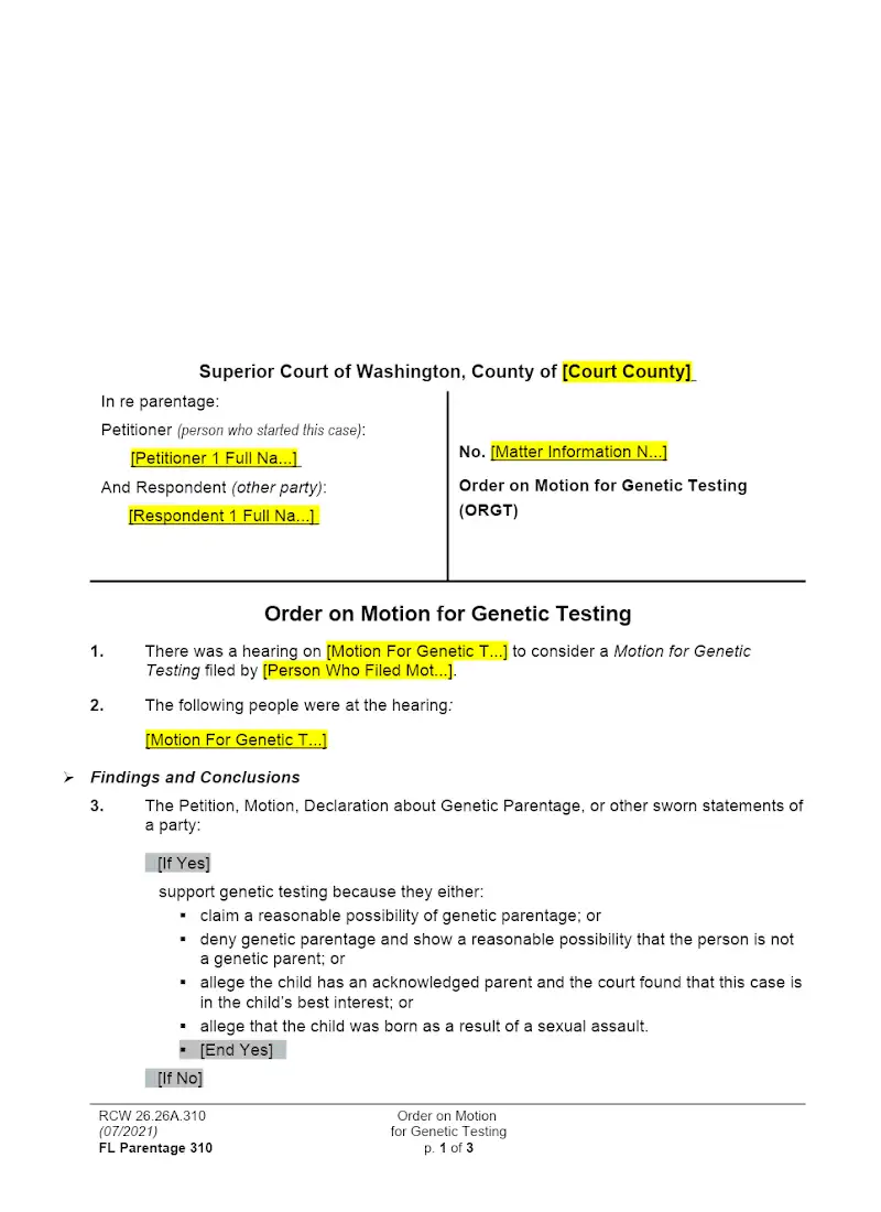 Order on Motion for Genetic Testing (Form FAM 310)