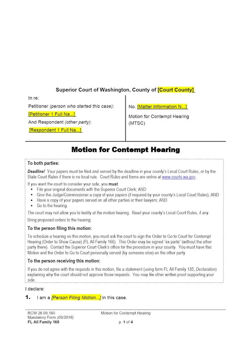 Motion for Contempt Hearing (Form FAM 165)