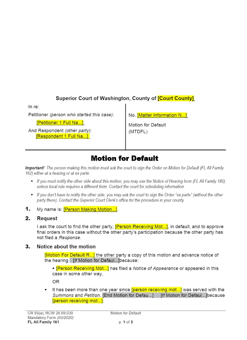 Motion for Default (Form FAM 161)