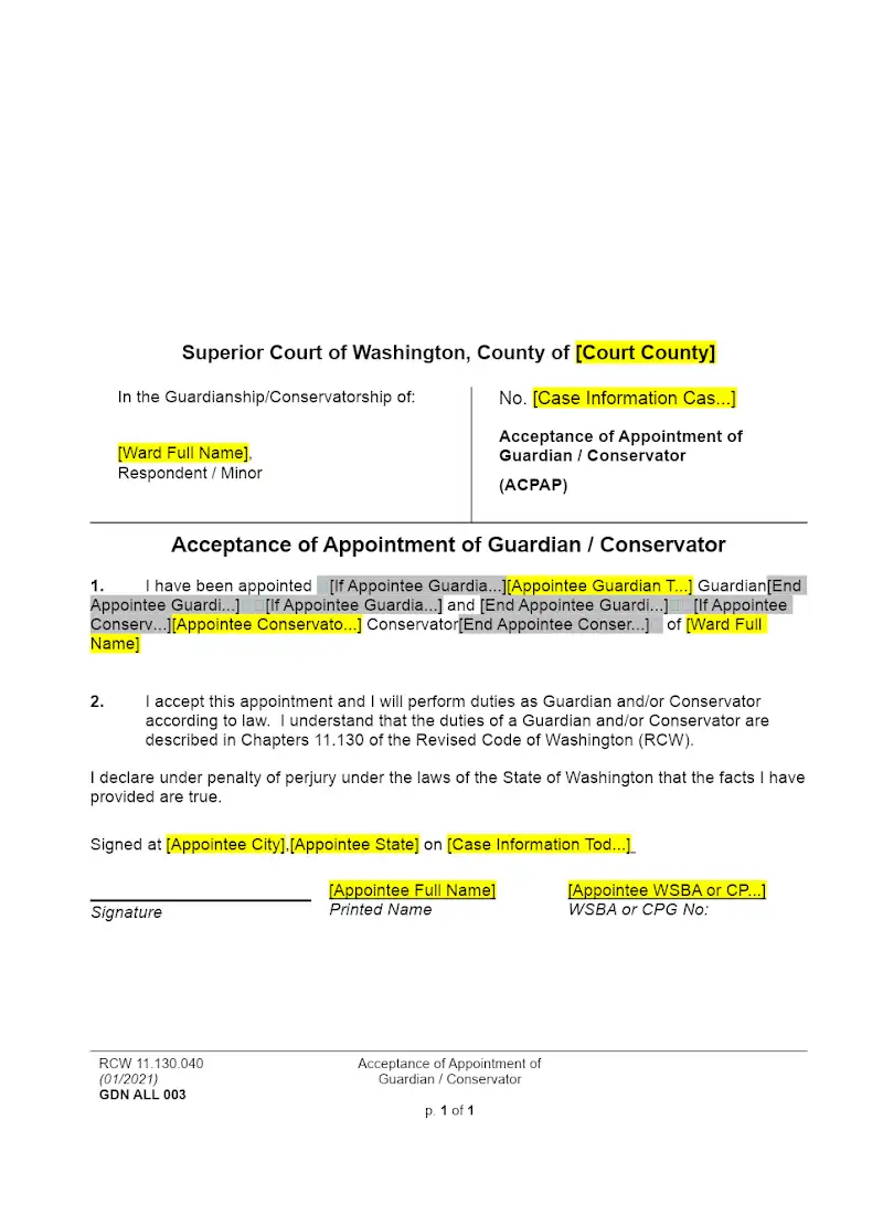 Acceptance of Appointment of Guardian/Conservator