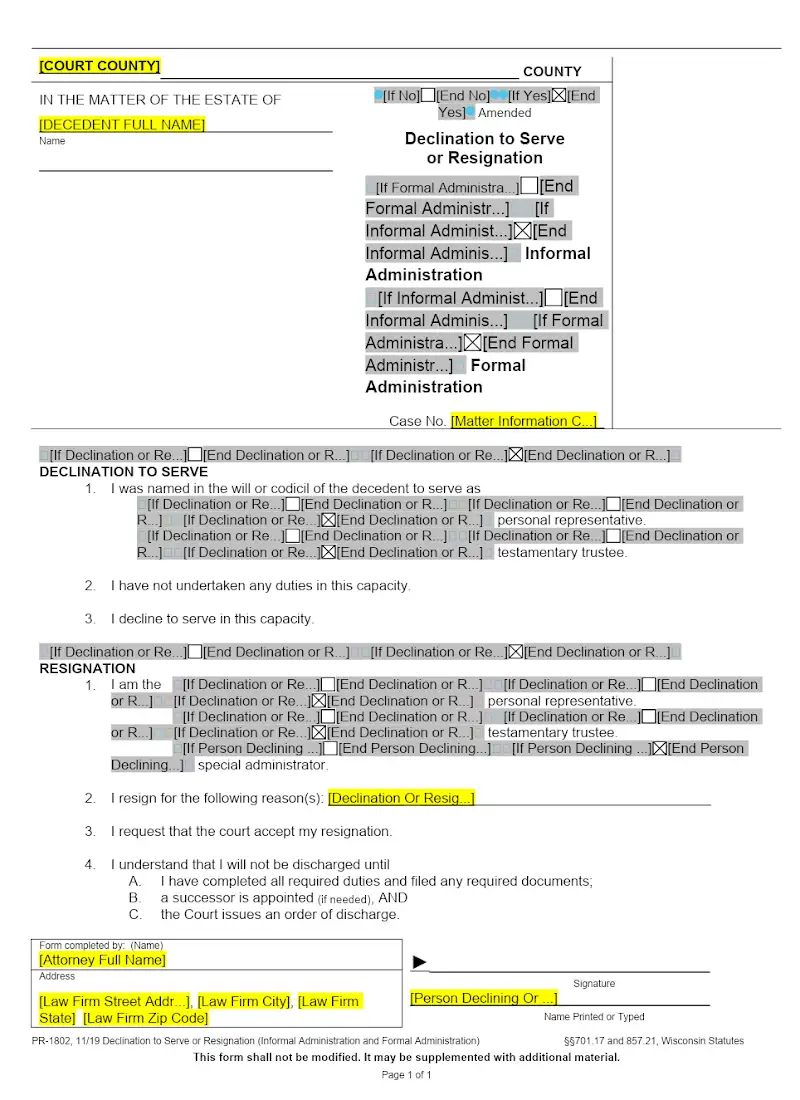 Declination to Serve or Resign (PR-1802)