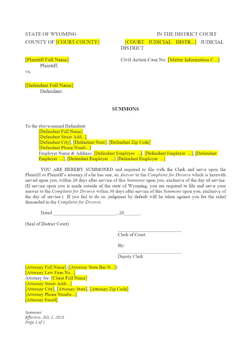 Summons (Form DWCP08)