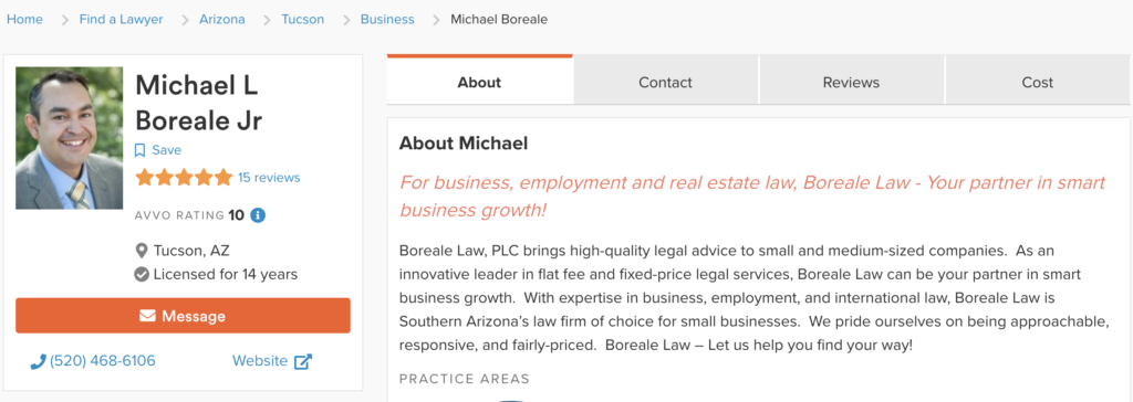 Avvo lawyer example page screenshot