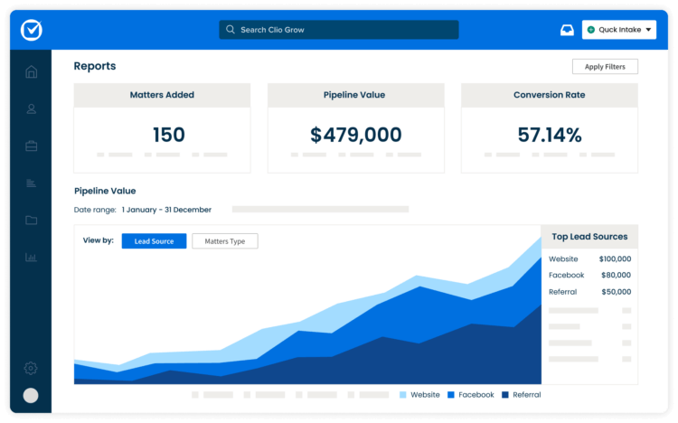 Clio Grow Client Intake reporting and analytics example