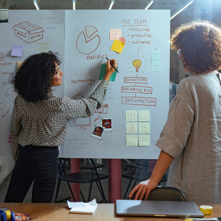 Woman describing a project, as seen on a whiteboard