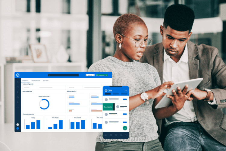 Two legal professionals looking at an iPad with a graphics overlay of the Clio Manage screen. This insinuates they're looking at their Clio Manage dashboard on an iPad.