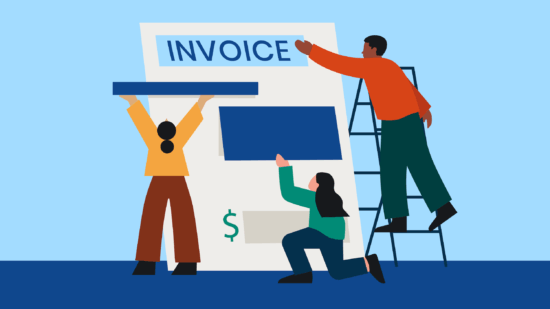 Three people assembling a large law firm invoice