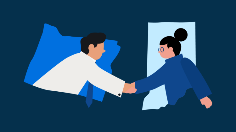 two people shaking hands over the outline of two states