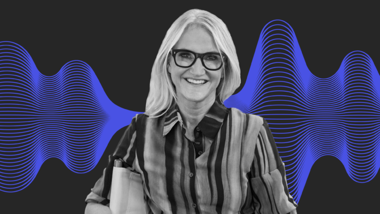 A black and white headshot of Mel Robbins in front of a purple sound wave graphic