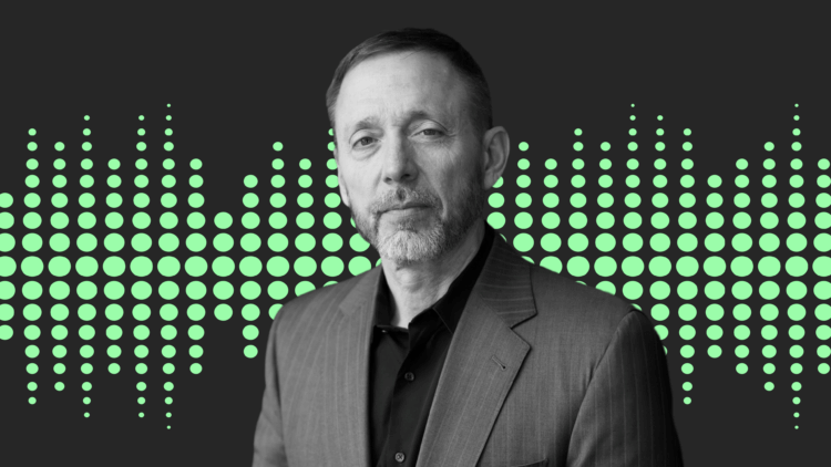 A black and white headshot of Chris Voss in front of a green sound wave graphic