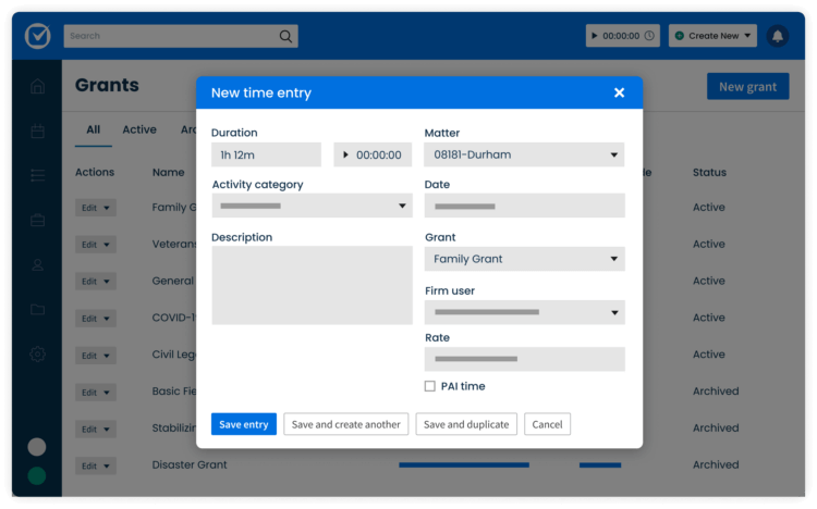 Legal Aid US - Grants Dashboard + New Time Entry