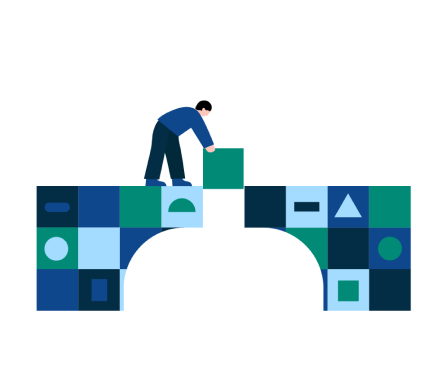 A person builds an arch with blocks, representing how 100+ integrations connect.