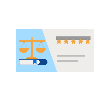 A review certificate with the scales of justice showing a 4.7 out of 5-star rating.