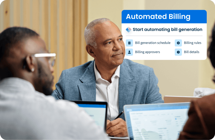Mature man in a blue blazer sits at a conference table, looking to his right. An overlay menu shows Automated Billing and options: Start automating bill generation, Bill generation schedule, Billing approvers, Billing rules, and Bill details.
