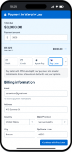 Product Screenshot Simplified Product UI Clio Manage Clio Payments NA Step 1 Select pay later