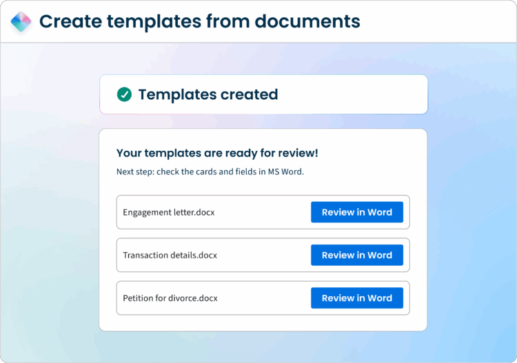 Clio Draft screen showing Templates created with files Engagement letter.docx, Transaction details.docx, and Petition for divorce.docx.
