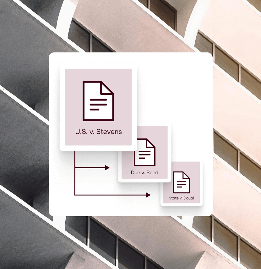A screen shows a user interface with three document icons and case names. 