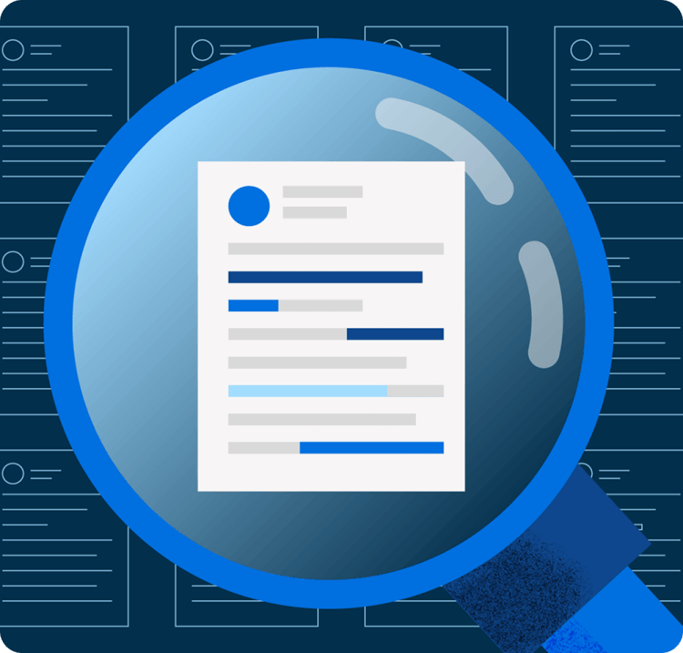 A large, blue magnifying glass centered over a document, highlighting the details against a background of faint documents.