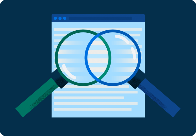 Two magnifying glasses, one green and one blue, overlap against a background of a white document in a browser window
