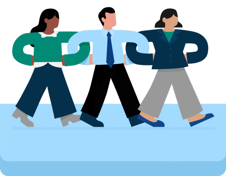 Three legal professionals walking arm-in-arm