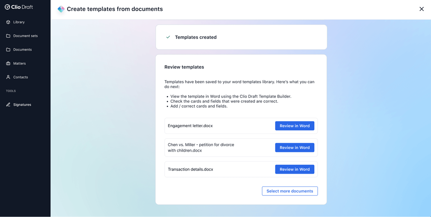 AI-powered template creation in Clio Draft