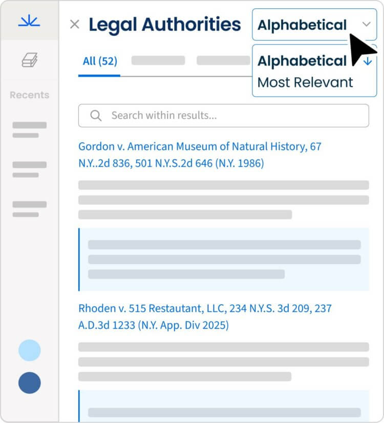 Legal Authorities panel in Clio with the sort dropdown menu set to Alphabetical and the Most Relevant option visible below.