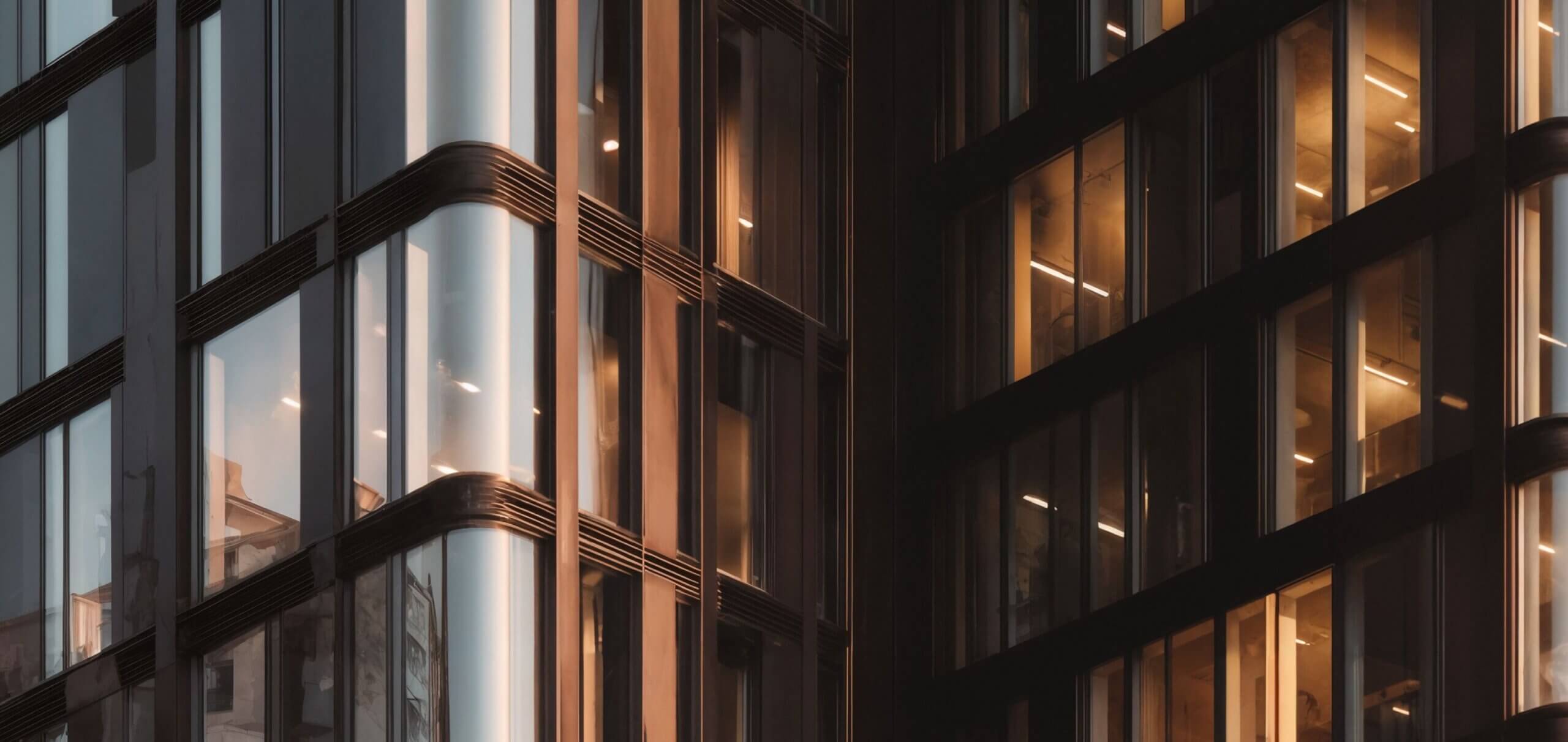 Close-up of a modern glass office building at dusk with warm interior lights reflecting on dark, sleek architectural panels.