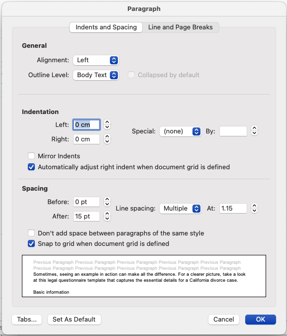 Word Paragraph dialog on Mac with Set As Default button.