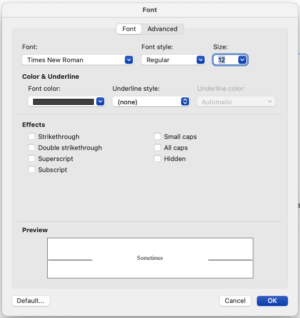 MS Word Font dialog on Mac with Times New Roman 12-point selected.